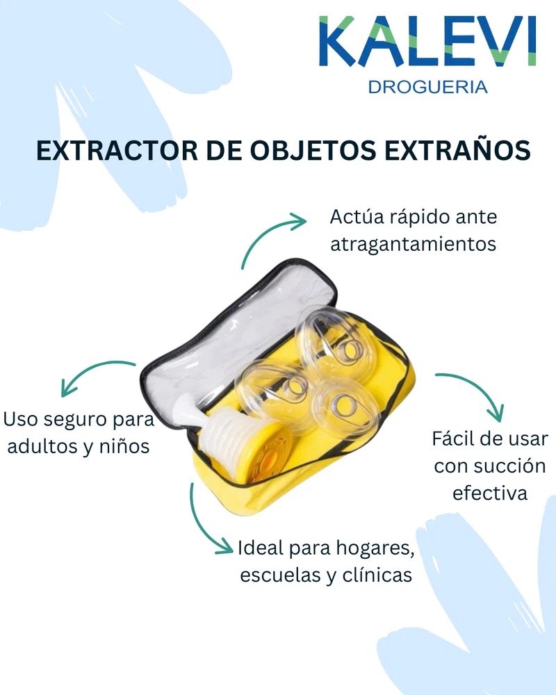 Dispositivo para evitar atragantamientos en estuche amarillo, con mascarillas y equipo de extracción manual